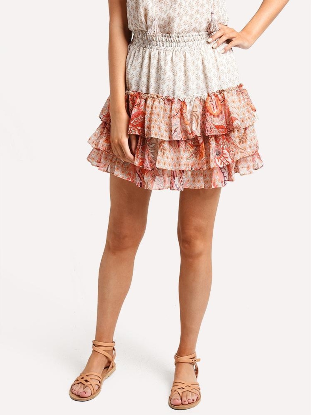 Misa Marina Floral Tiered Ruffle Mini Skirt in Coral & Cream Size Small